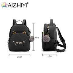 Cat Cartoon School Bag PU Leather Lightweight Handbag for Teens