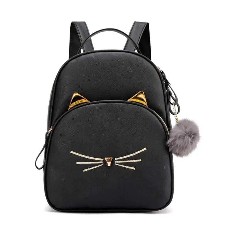 Teenagers Backpack PU Leather School Bags Girl Cartoon Cat Square Satchel