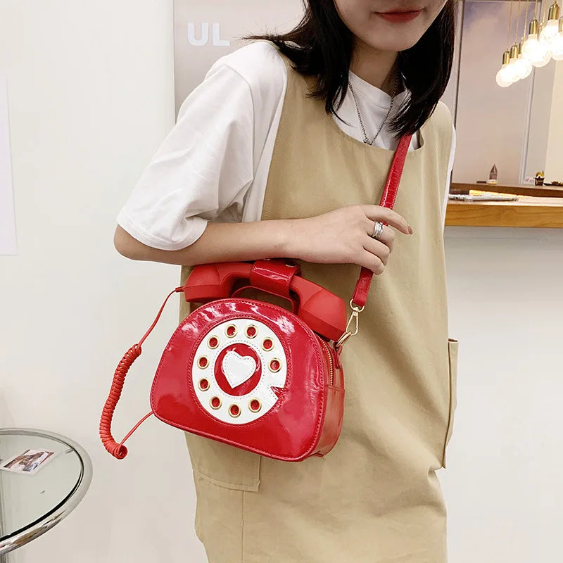 Pink Telephone Shape Women's Shoulder Bag Patent Leather Casual Tote