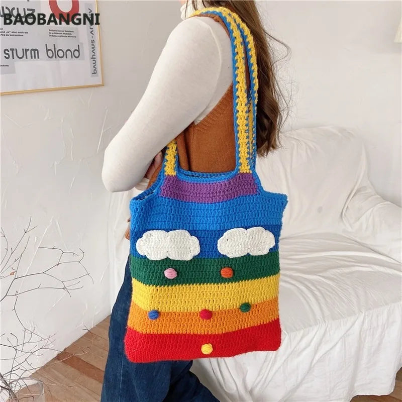 Rainbow Canvas Messenger Bag Wool Knitting Tote Bags for Girl Cotton Cloth Women