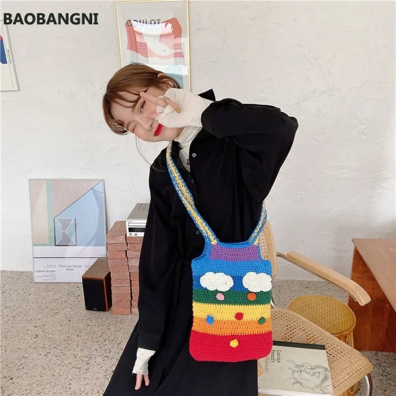 Rainbow Canvas Messenger Bag Wool Knitting Tote Bags for Girl Cotton Cloth Women
