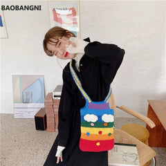 Rainbow Canvas Messenger Bag Wool Knitting Tote Bags for Girl Cotton Cloth Women