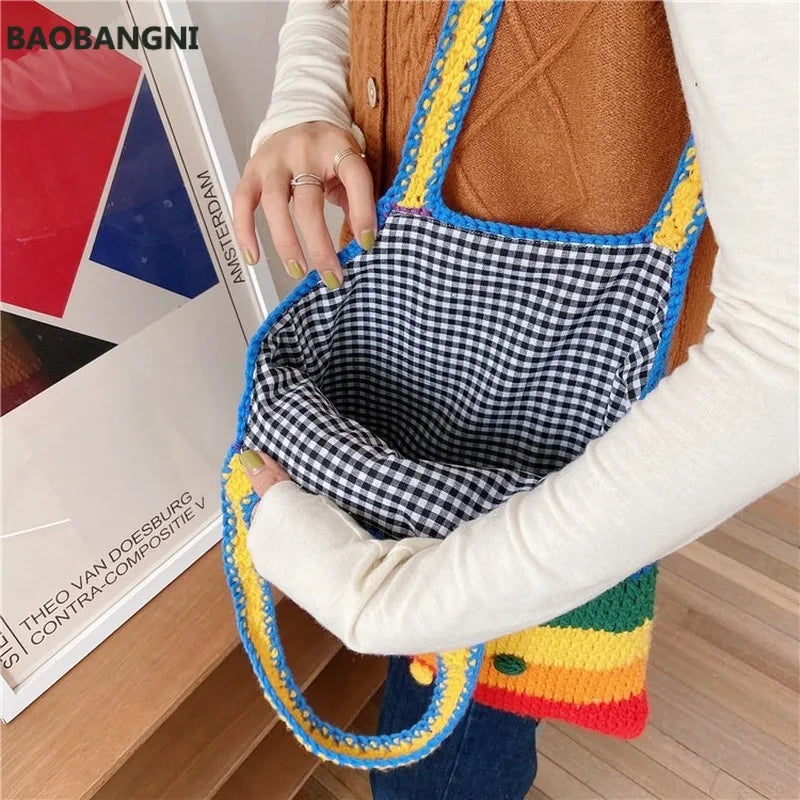 Rainbow Canvas Messenger Bag Wool Knitting Tote Bags for Girl Cotton Cloth Women