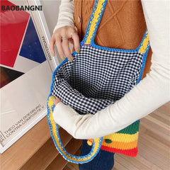 Rainbow Canvas Messenger Bag Wool Knitting Tote Bags for Girl Cotton Cloth Women