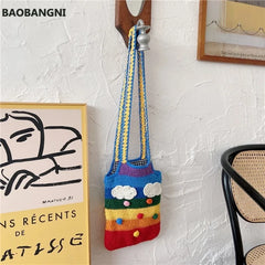Rainbow Canvas Messenger Bag Wool Knitting Tote Bags for Girl Cotton Cloth Women