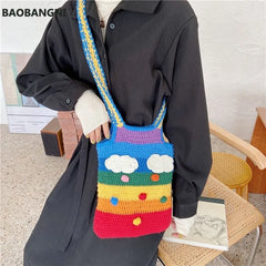 Rainbow Canvas Messenger Bag Wool Knitting Tote Bags for Girl Cotton Cloth Women
