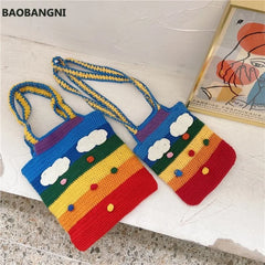 Rainbow Canvas Messenger Bag Wool Knitting Tote Bags for Girl Cotton Cloth Women