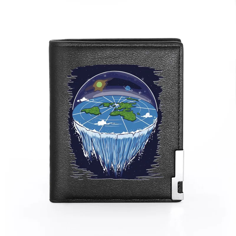 Flat Earth Leather Wallet Men Women Slim Card Holder Money Bag