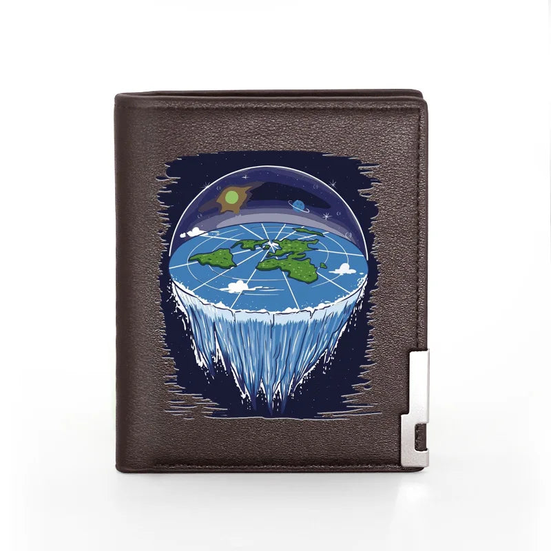 Flat Earth Leather Wallet Men Women Slim Card Holder Money Bag