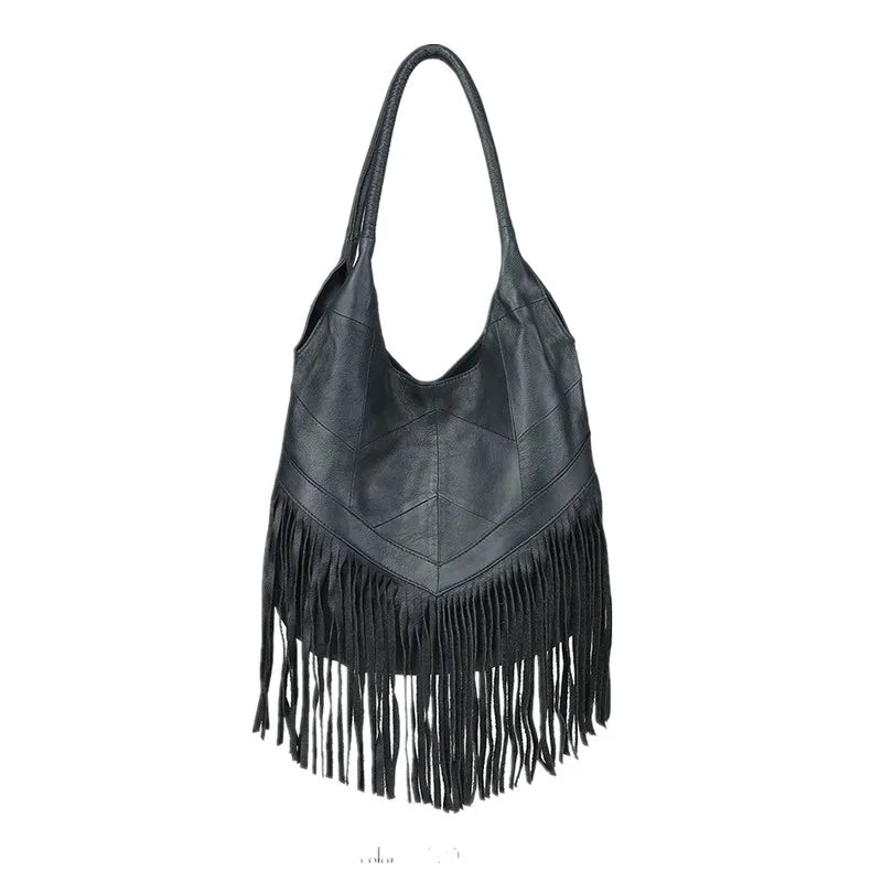 Cowhide Leather Fringe Hobo Bag Women Handbag Tassel Shoulder Bag
