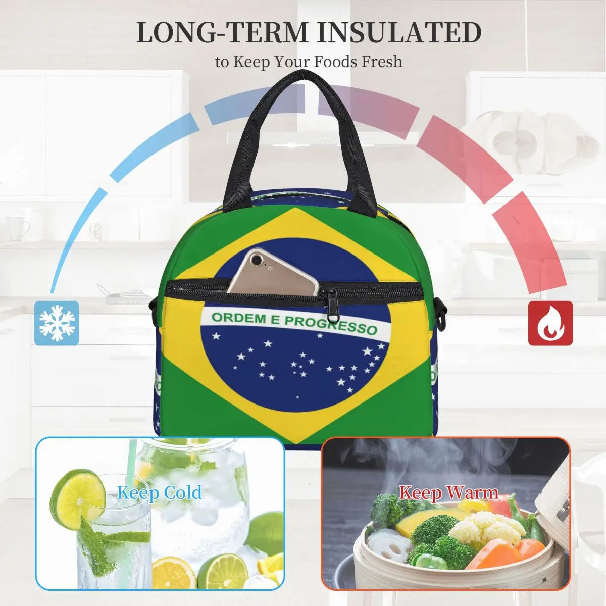 Brazil Flag Thermal Lunch Box Bag for Women Kids Food Storage Container