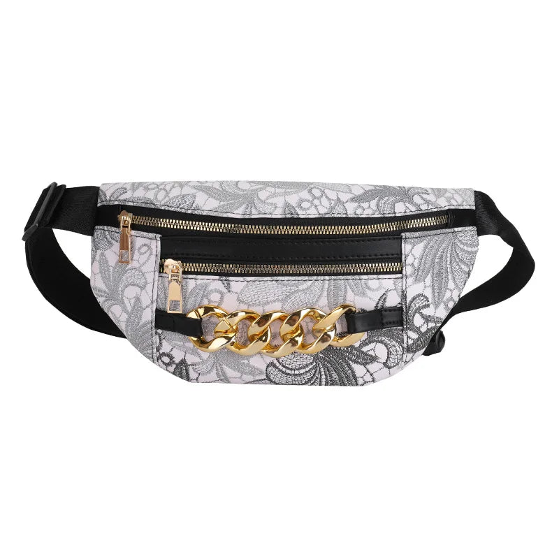 Thick Chain Fanny Pack Women Leather Waist Bag Female Beaded Waist Pack