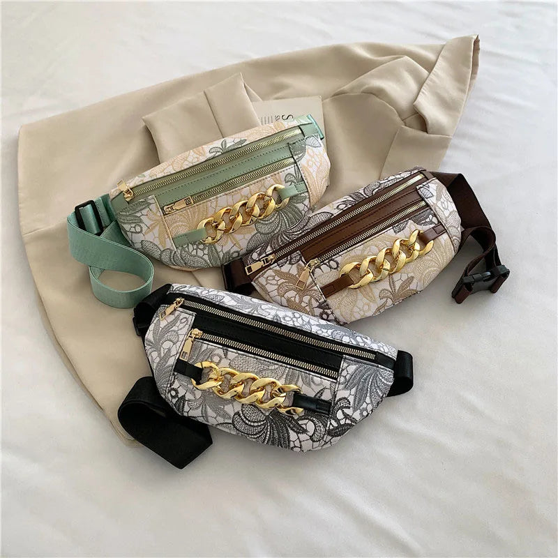 Thick Chain Fanny Pack Women Leather Waist Bag Female Beaded Waist Pack