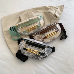 Thick Chain Fanny Pack Women Leather Waist Bag Female Beaded Waist Pack