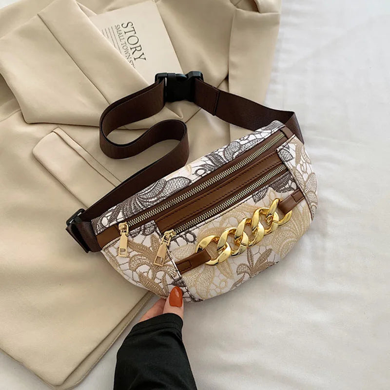 Thick Chain Fanny Pack Women Leather Waist Bag Female Beaded Waist Pack