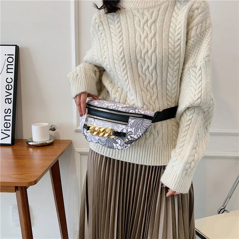 Thick Chain Fanny Pack Women Leather Waist Bag Female Beaded Waist Pack