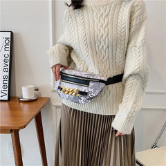 Thick Chain Fanny Pack Women Leather Waist Bag Female Beaded Waist Pack