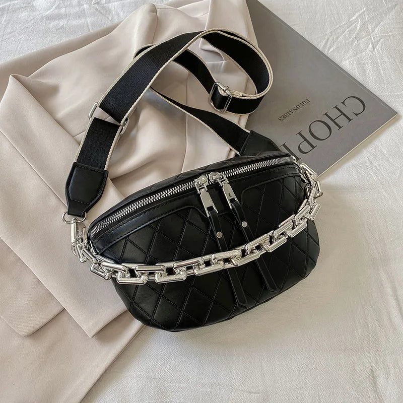 Thick Chain Waist Bag Leather Women Fanny Pack Crossbody Chest Bags