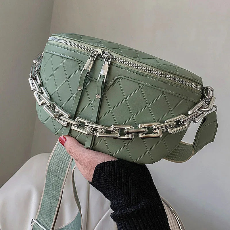 Thick Chain Waist Bag Leather Women Fanny Pack Crossbody Chest Bags