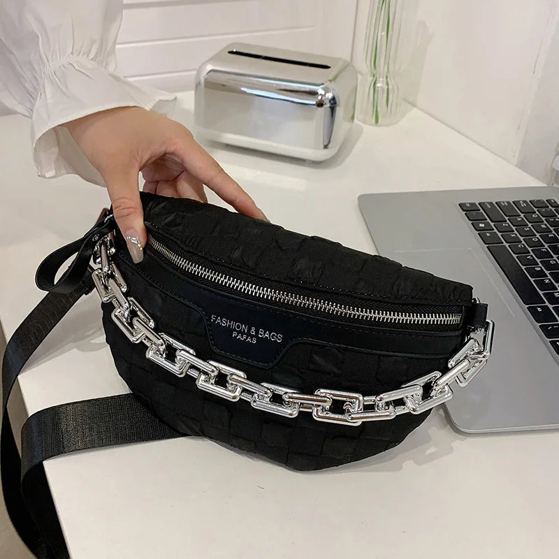 Thick Chain Waist Bag Women High Fabric Fanny Pack Female Chest Bags
