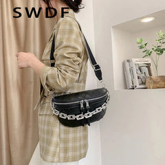 Thick Chain Leather Waist Bag Women Fanny Pack Female Chest Bags