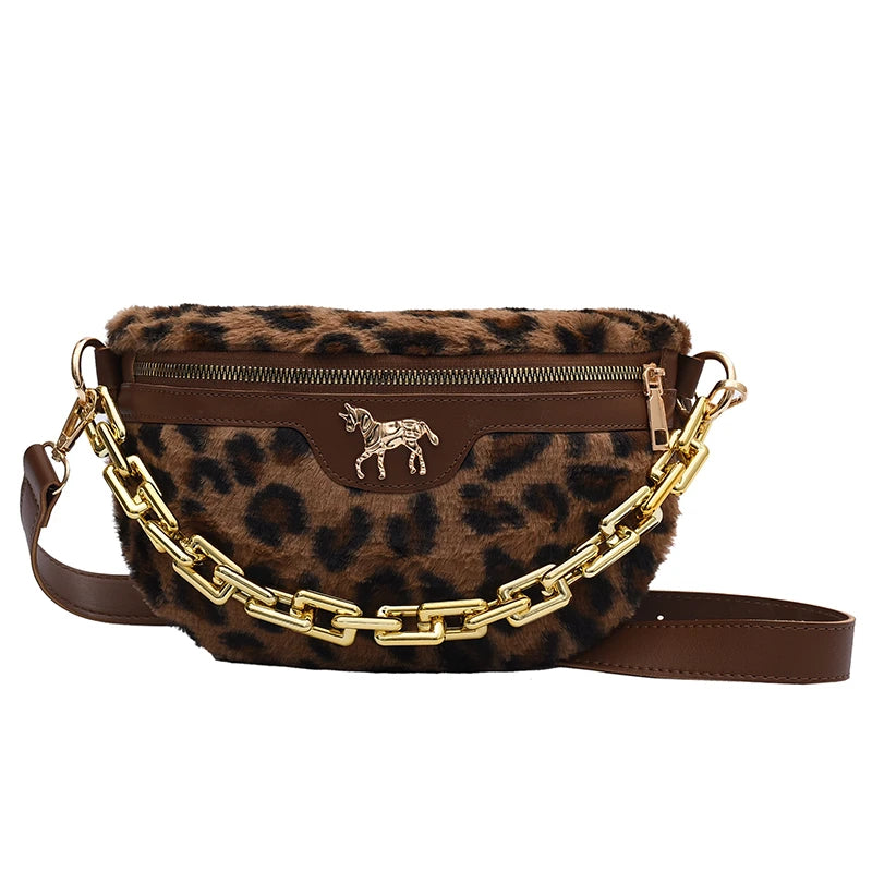 Plush Fanny Pack Thick Chain Waist Bag Winter Women Shoulder Crossbody