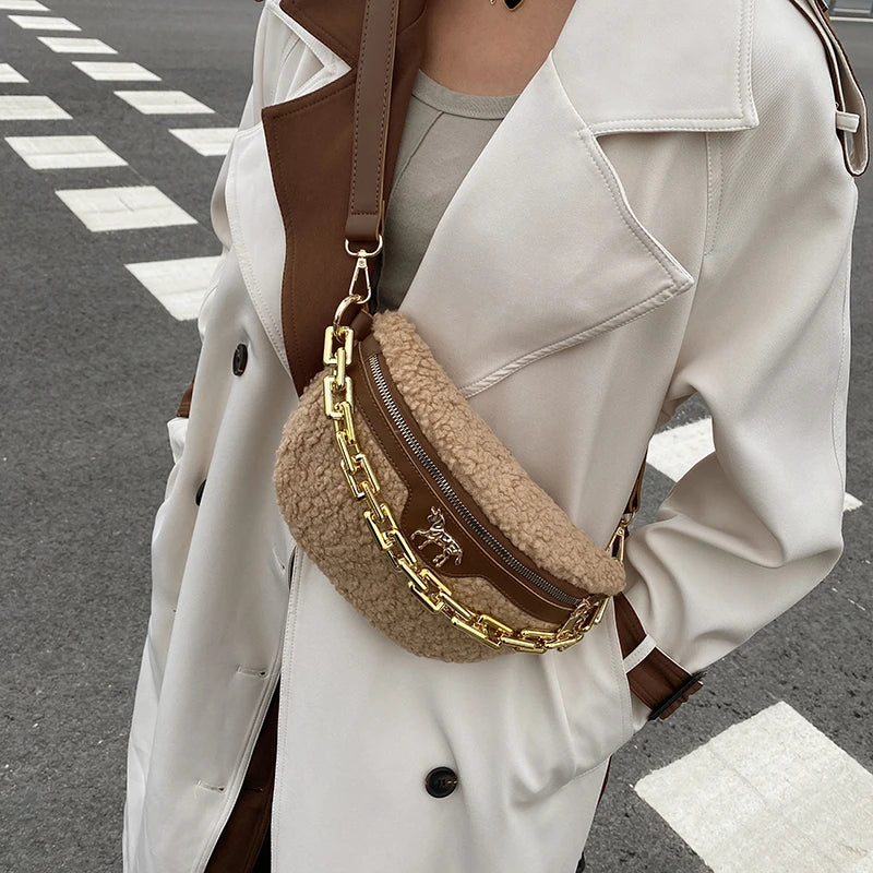 Plush Fanny Pack Thick Chain Waist Bag Winter Women Shoulder Crossbody