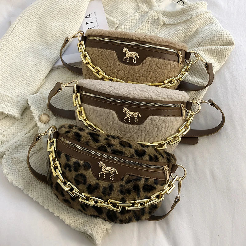 Plush Fanny Pack Thick Chain Waist Bag Winter Women Shoulder Crossbody