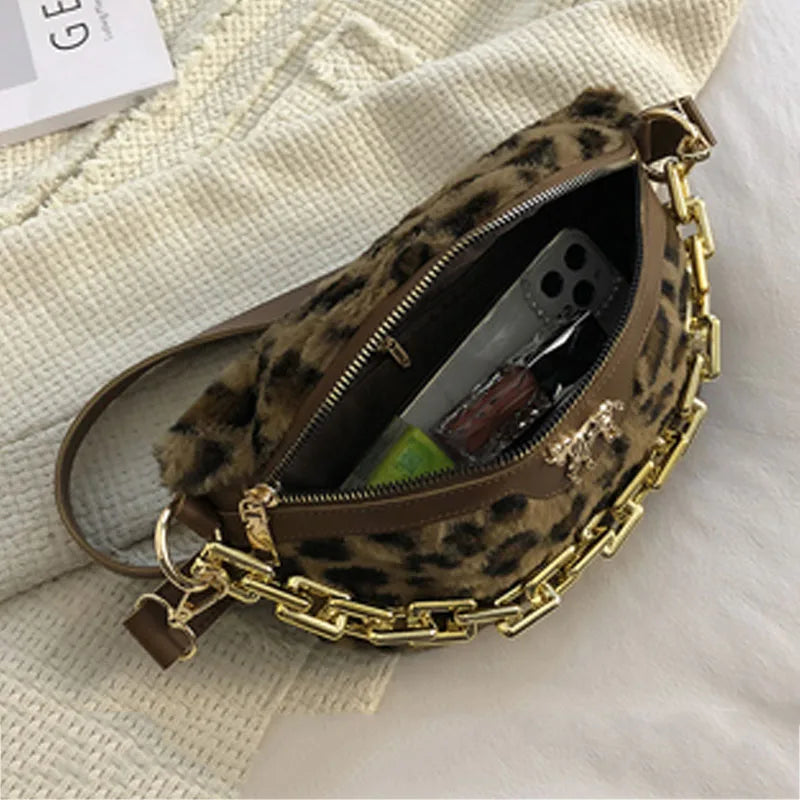 Plush Fanny Pack Thick Chain Waist Bag Winter Women Shoulder Crossbody