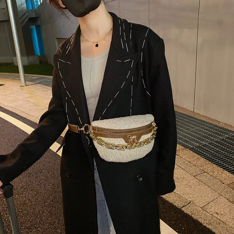 Plush Fanny Pack Thick Chain Waist Bag Winter Women Shoulder Crossbody