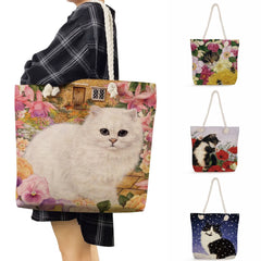 Animal Print Rope Handbag Women's Tote Cat Shoulder Bag