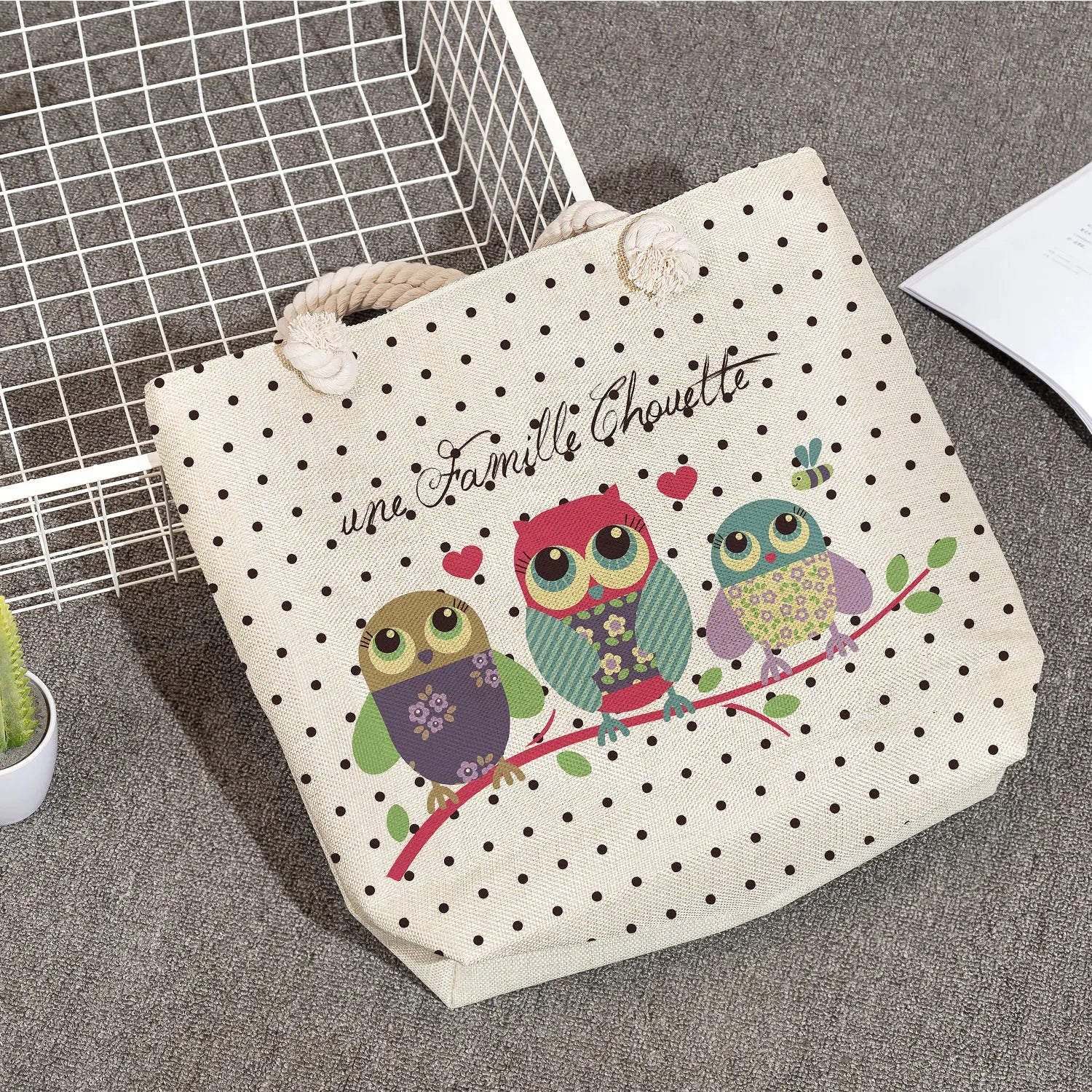 Owl Print Linen Beach Shoulder Bag Large Capacity Shopping Handbag