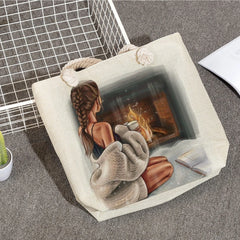 Cartoon Coffee Girl Print Rope Shoulder Bag