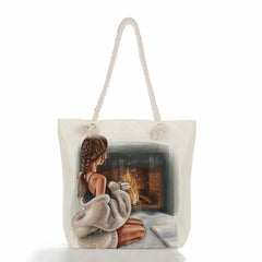 Cartoon Coffee Girl Print Rope Shoulder Bag