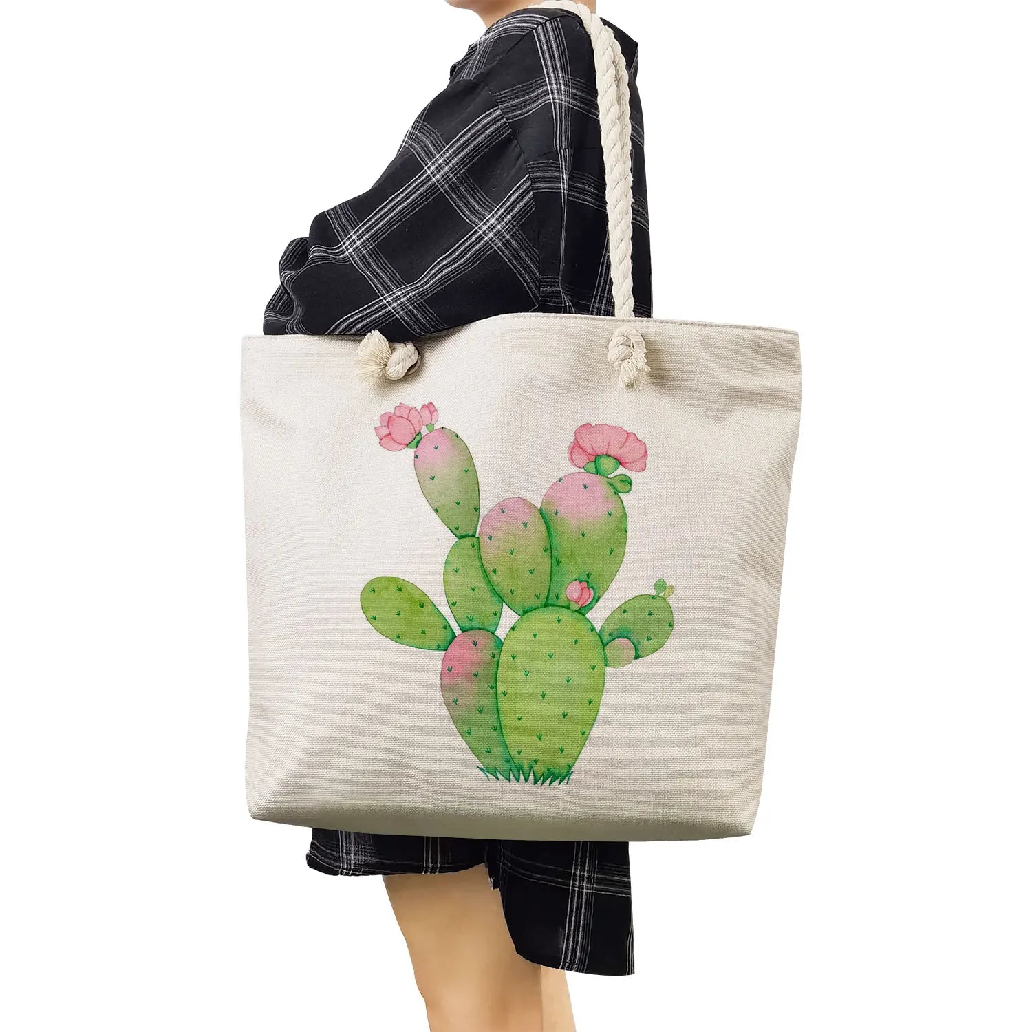 Floral Print Cactus Tote Bag Shoulder High Capacity Shopping Handbag
