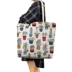 Floral Print Cactus Tote Bag Shoulder High Capacity Shopping Handbag