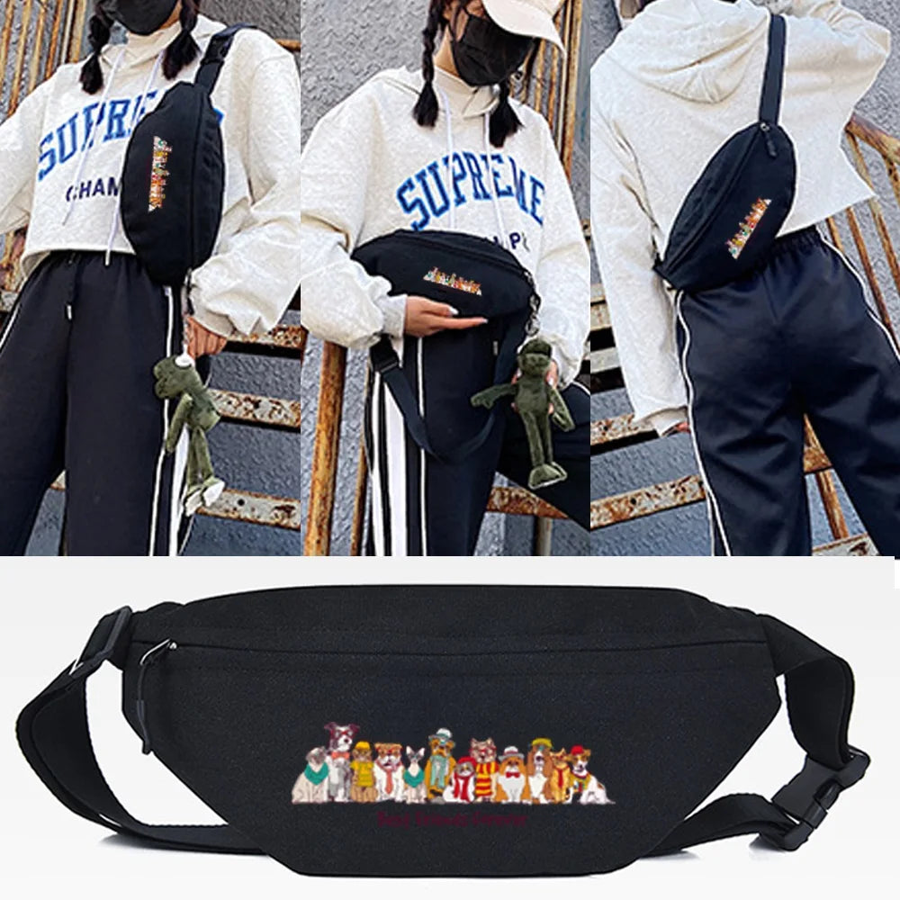 Three Hat Dogs Print Waist Bag Teenager Travel Phone Pouch Chest Pack