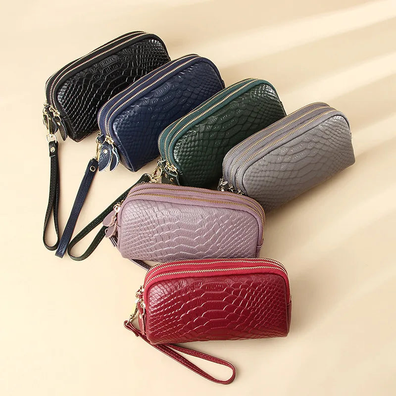 Three Layer Zipper Leather Phone Bag Wallet Purse