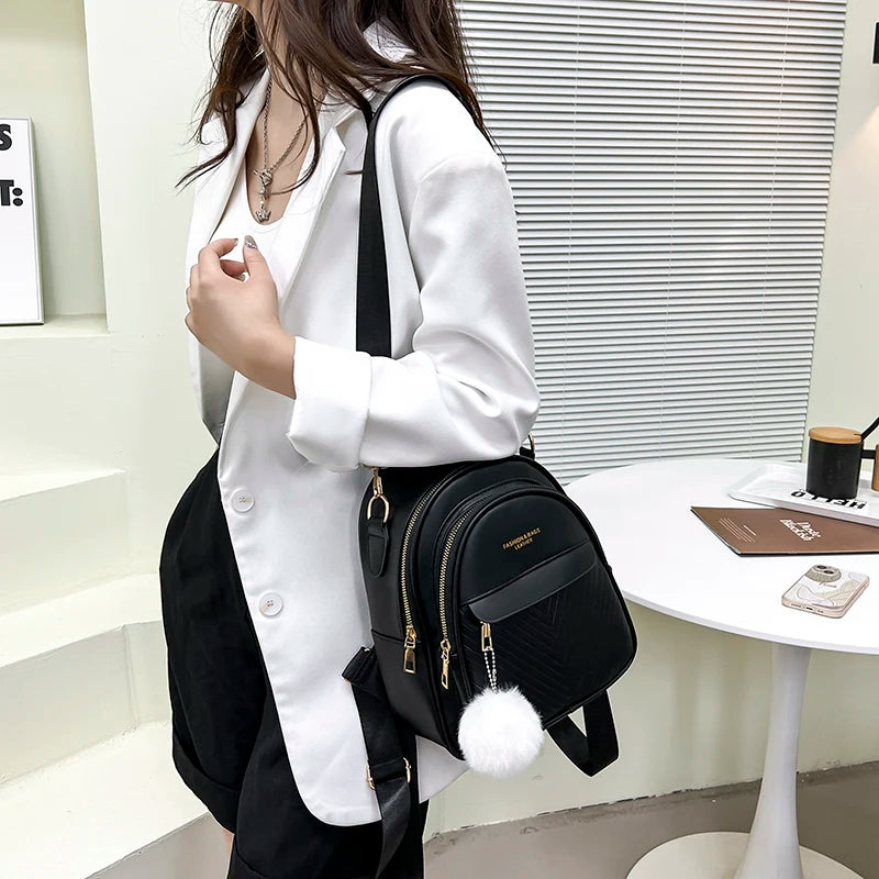 3-Layer Zipper Women's Backpack Hair Ball Pendant Girl Student School Bags