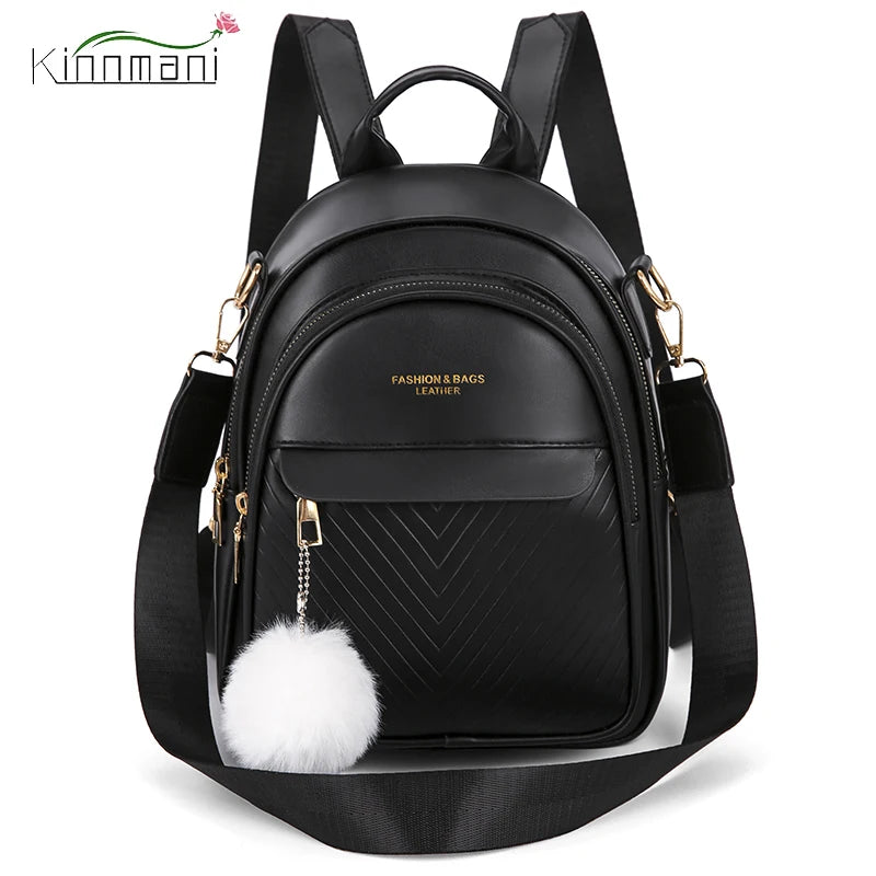 3-Layer Zipper Women's Backpack Hair Ball Pendant Girl Student School Bags