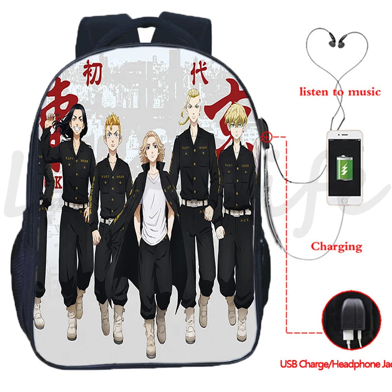 Tokyo Revengers USB Charging Backpack Casual Travel Laptop Rucksack Anime