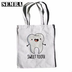 Funny Tooth Dentist Graphic Shoulder Bag Casual Shopping Girls Women Canvas