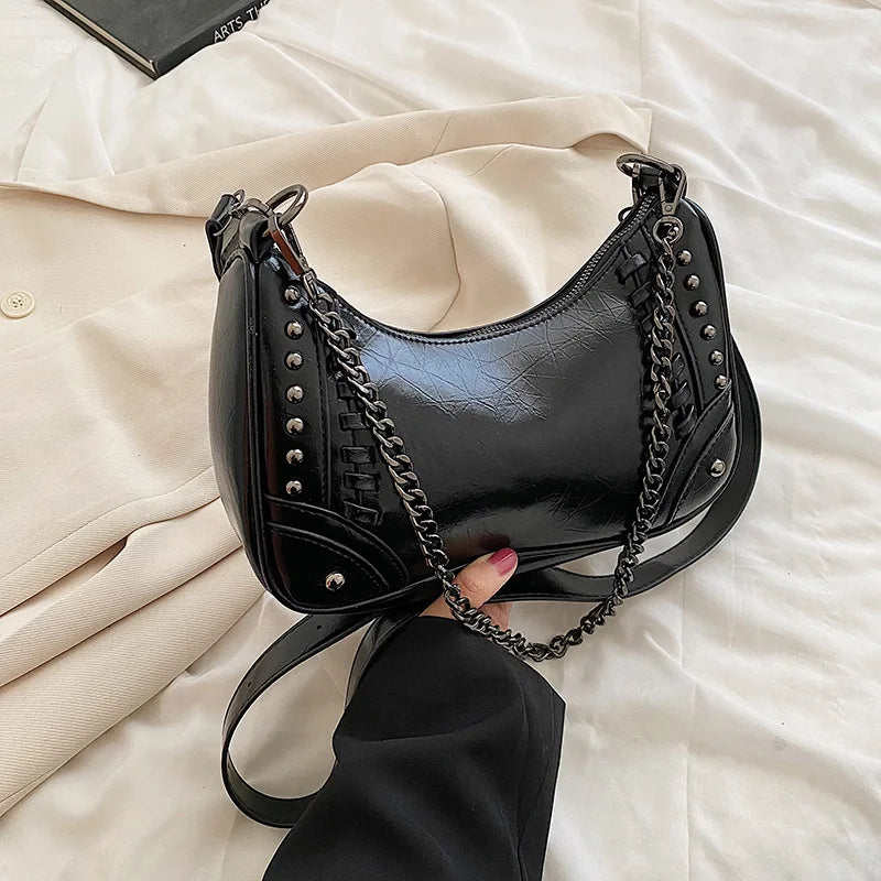 Stylish Rivet Motorcycle Crossbody Bag Chain Shoulder Armpit Satchel