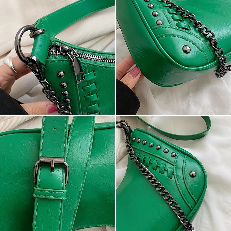 Stylish Rivet Motorcycle Crossbody Bag Chain Shoulder Armpit Satchel
