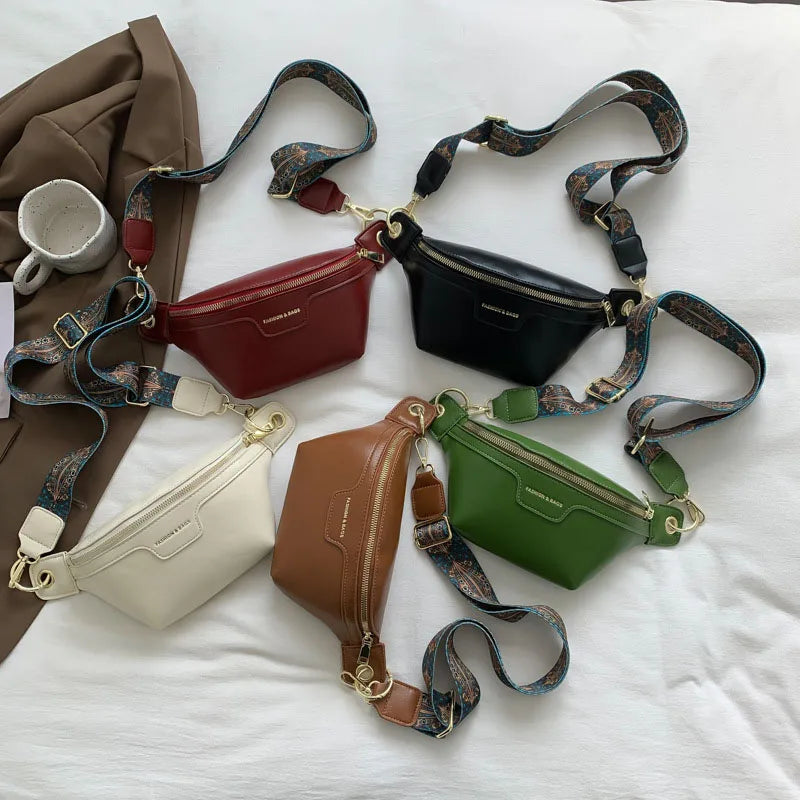 Women Green Leather Fanny Pack Lady Waist Bag