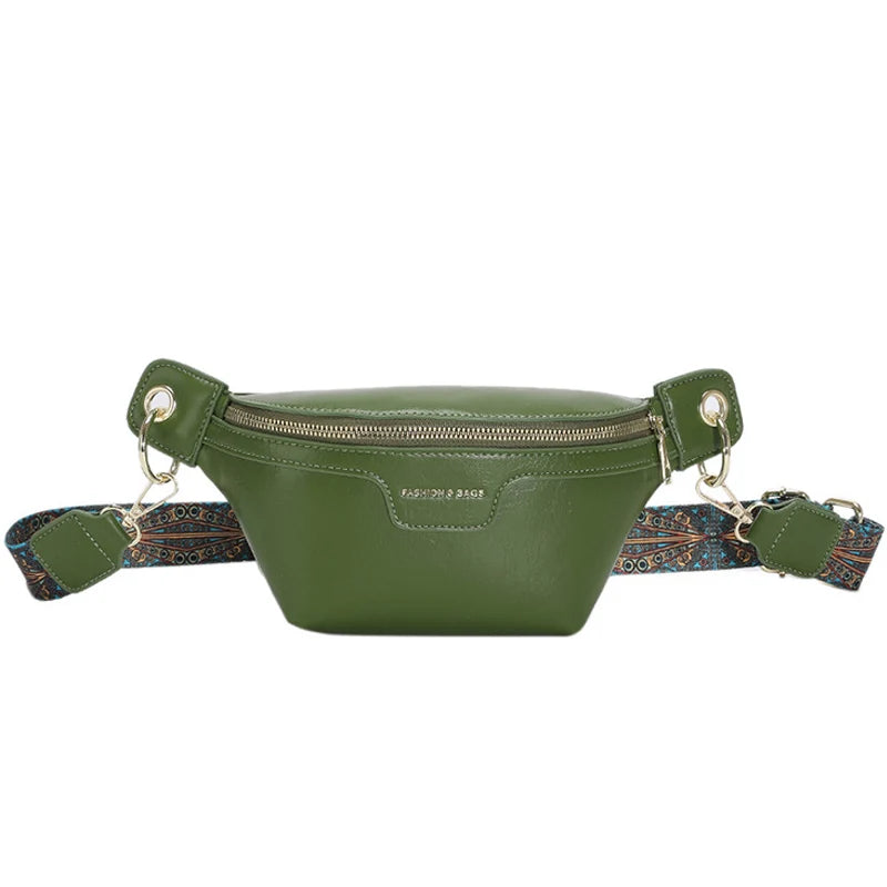 Women Green Leather Fanny Pack Lady Waist Bag