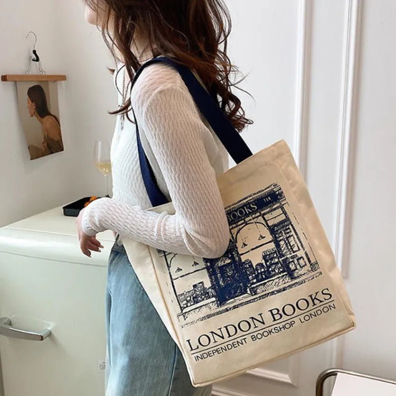 London Books Print Women Shoulder Bag Large Capacity Totes Shopping Beach Bags