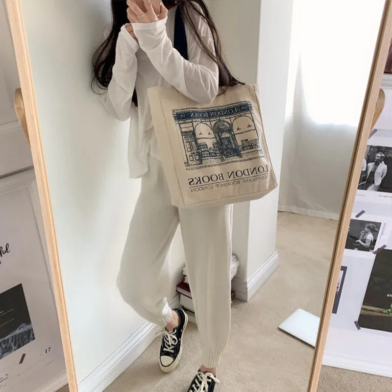 London Books Print Women Shoulder Bag Large Capacity Totes Shopping Beach Bags