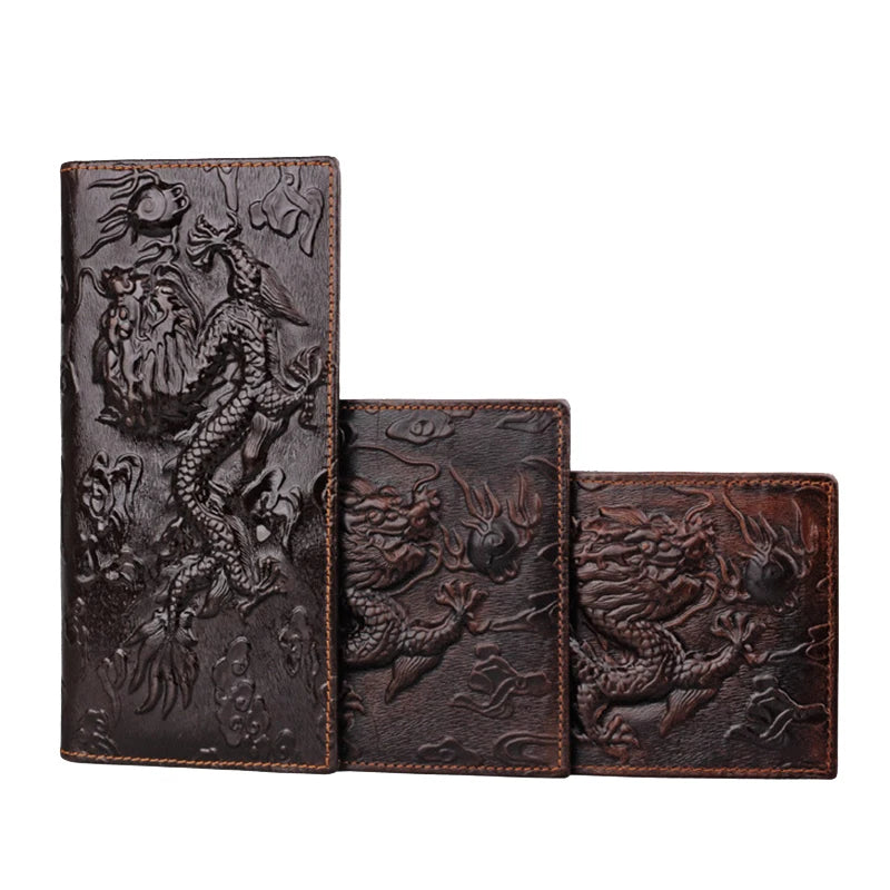 Dragon Embossed Long Wallet Cowskin Leather Men's Purse
