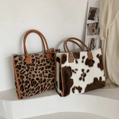 Retro Cow Leopard Print PU Leather Plush Women Handbags